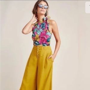 Maeve by Anthropologie Pink Teal Yellow Floral Pleated Sleeveless Blouse XS